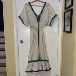 Cream Maxi Boho Dress with Blue Trim